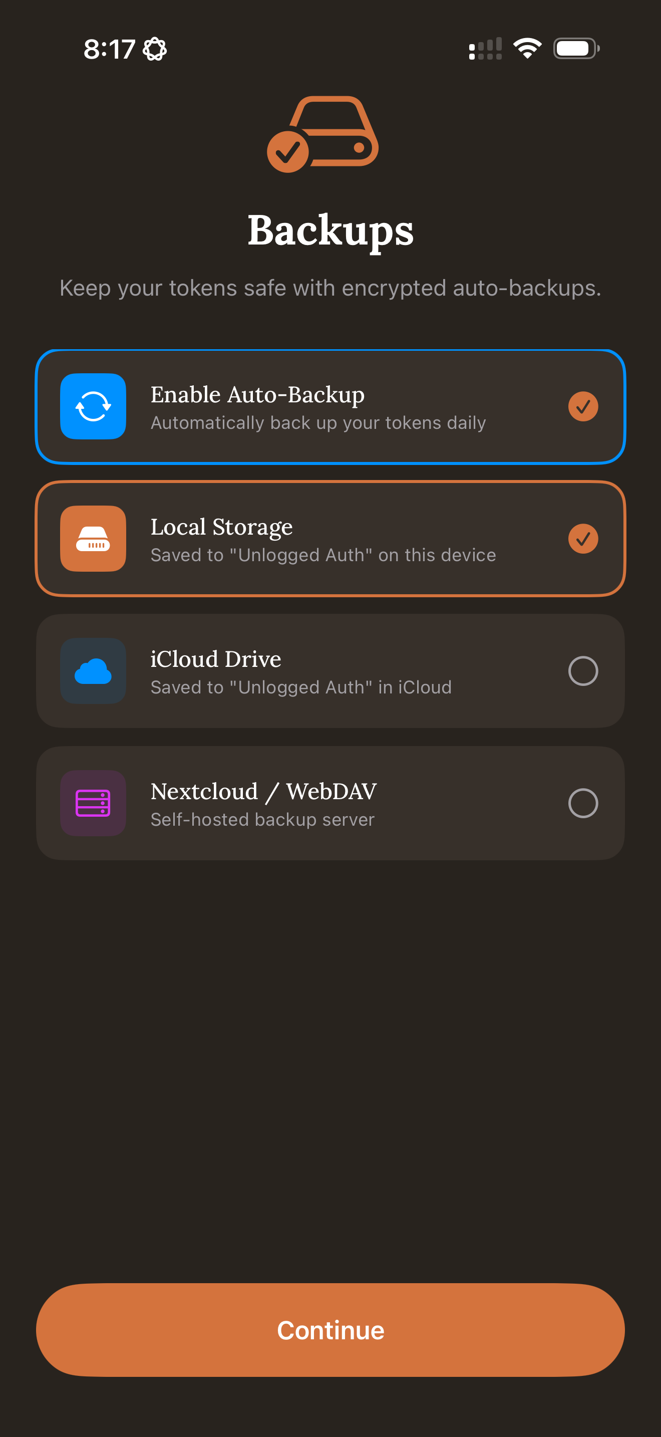 unlogged Auth backups screen